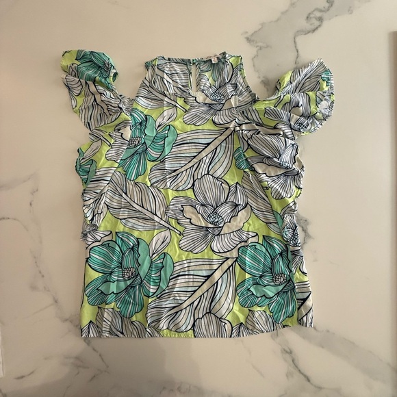 All for color Floral Print Women's cold Shoulder Top - Green and Blue size small - Picture 3 of 5